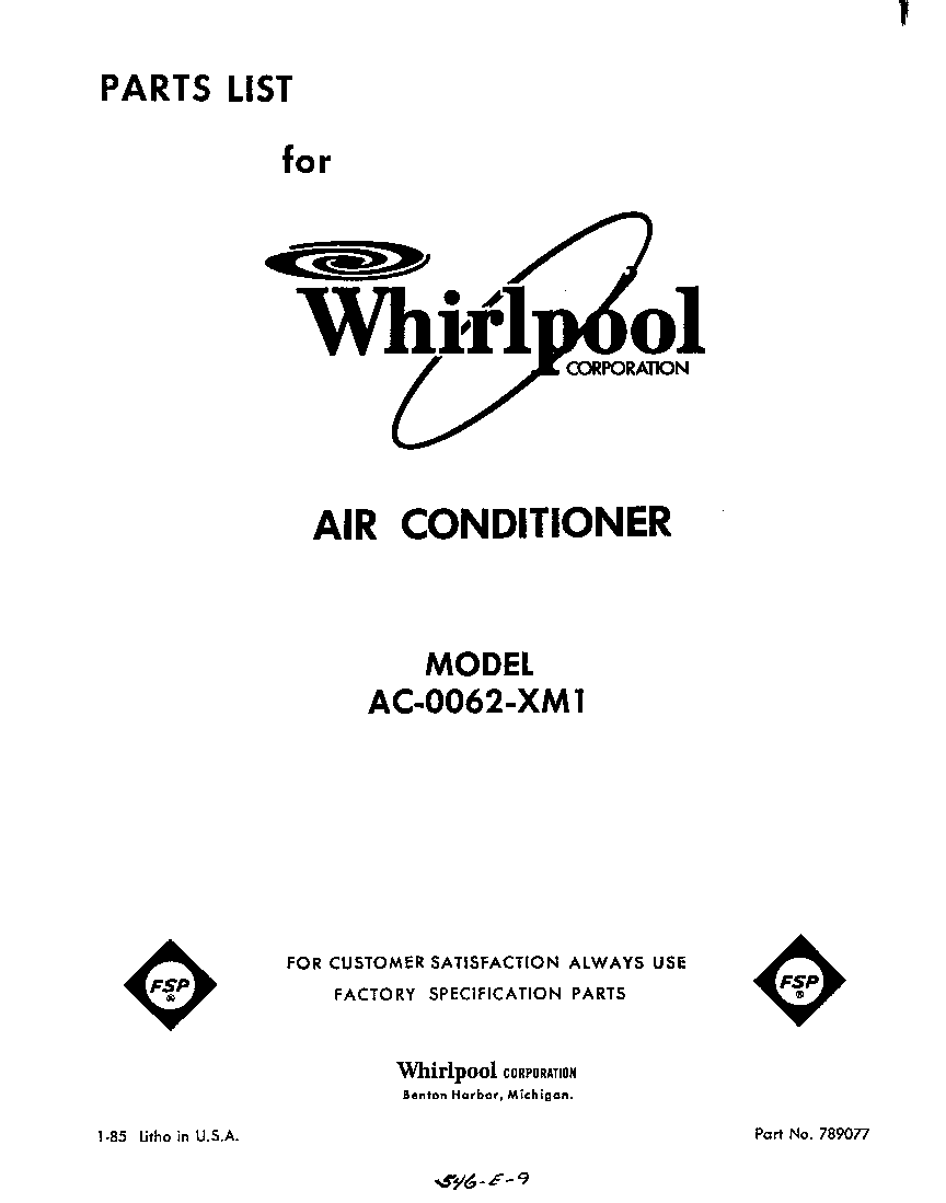 Whirlpool AC0062XM1 front cover diagram