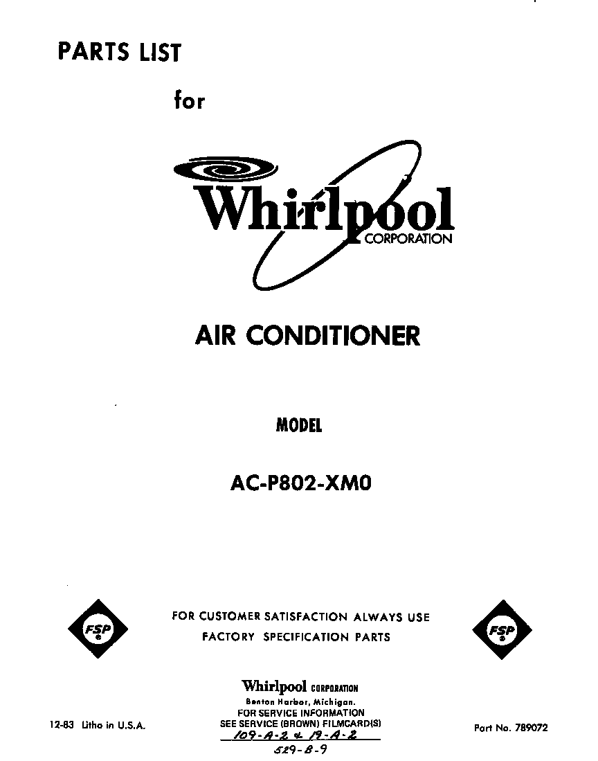 Whirlpool ACP802XM0 front cover diagram