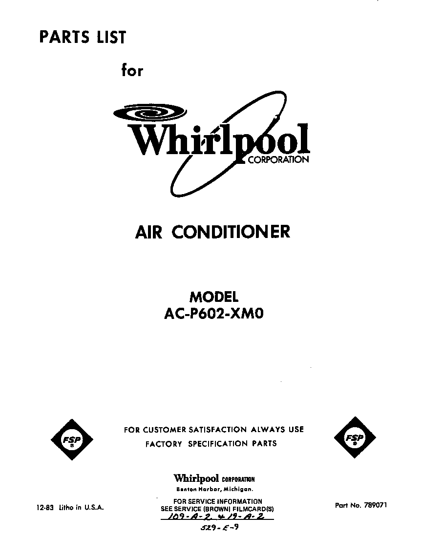 Whirlpool ACP602XM0 front cover diagram