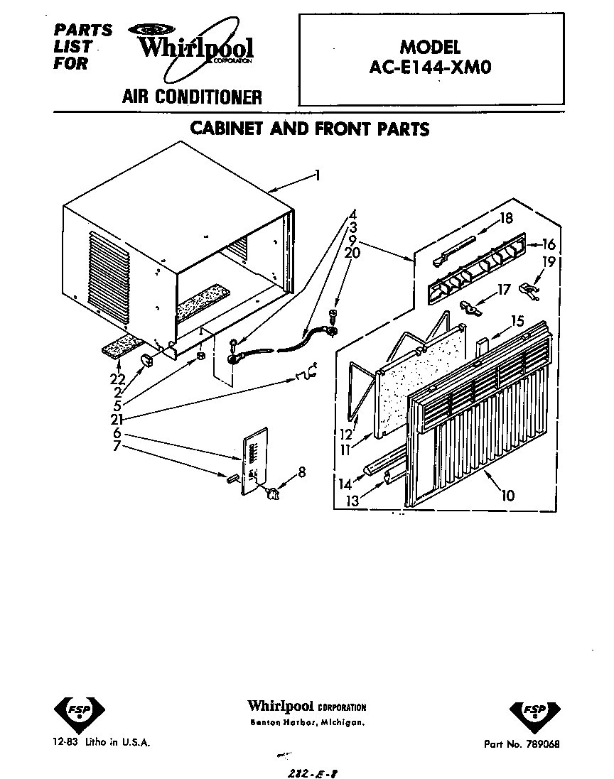 Whirlpool ACE144XM0 cabinet and front parts diagram