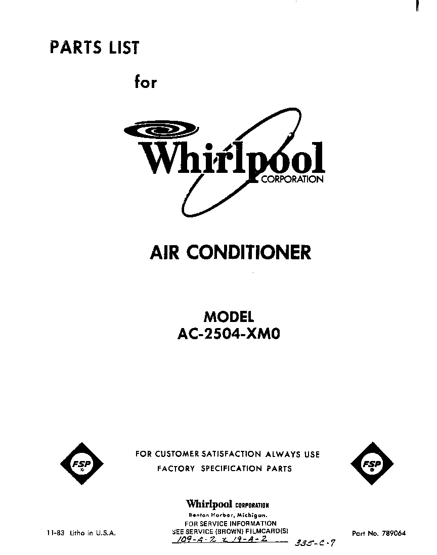 Whirlpool AC2504XM0 front cover diagram