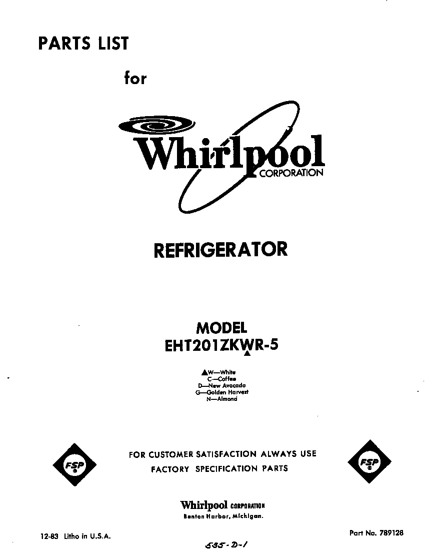 Whirlpool EHT201ZKWR5 front cover diagram