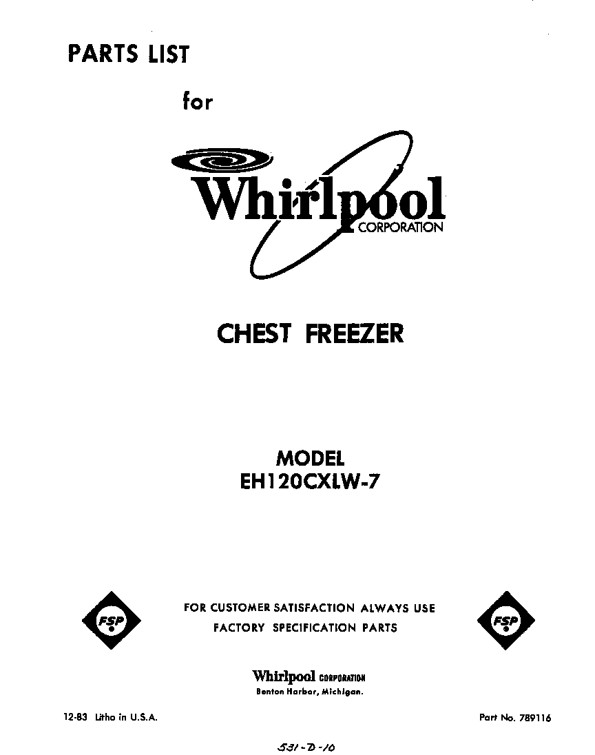 Whirlpool EH120CXLW7 coversheet diagram