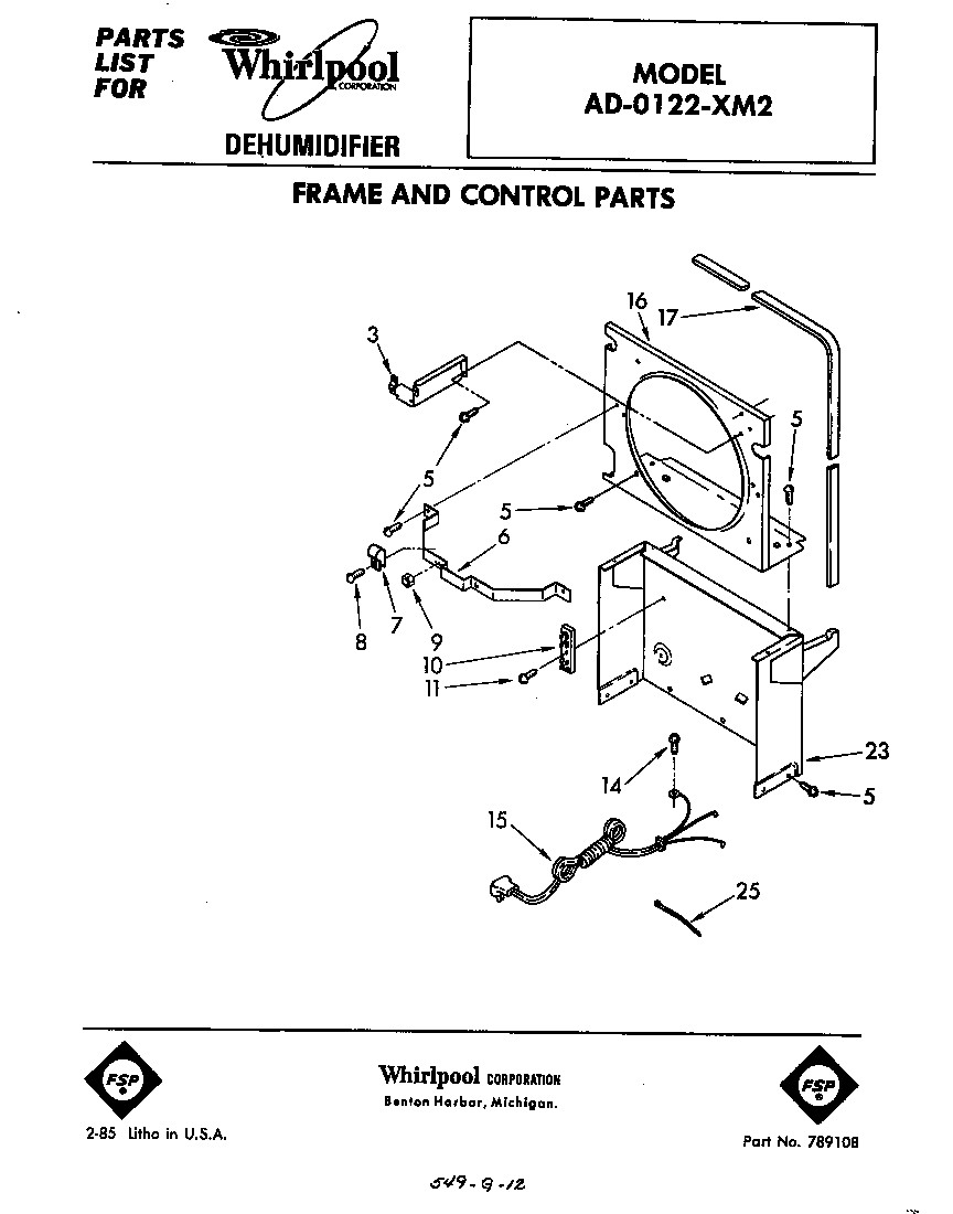Whirlpool AD0122XM2 frame and control parts diagram