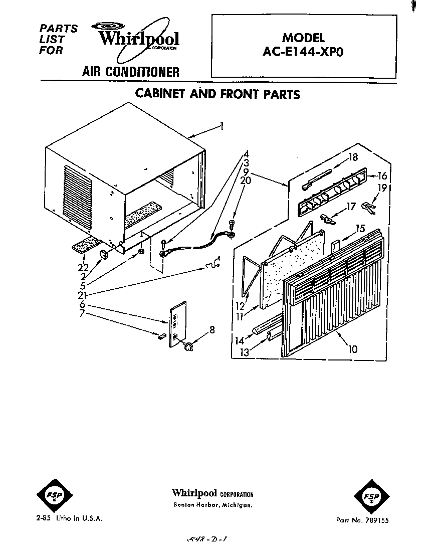 Whirlpool ACE144XP0 cabinet and front parts diagram