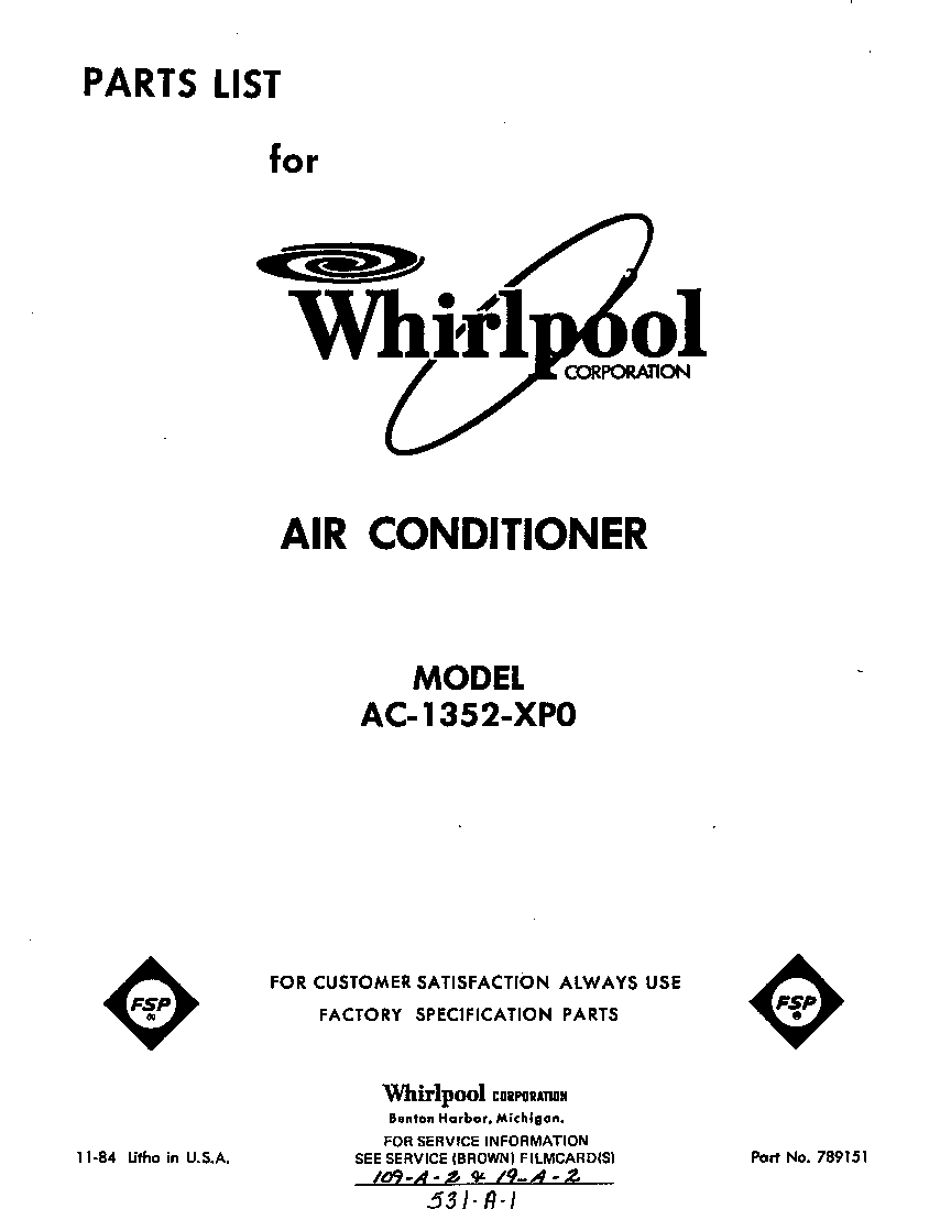 Whirlpool AC1352XP0 front cover diagram
