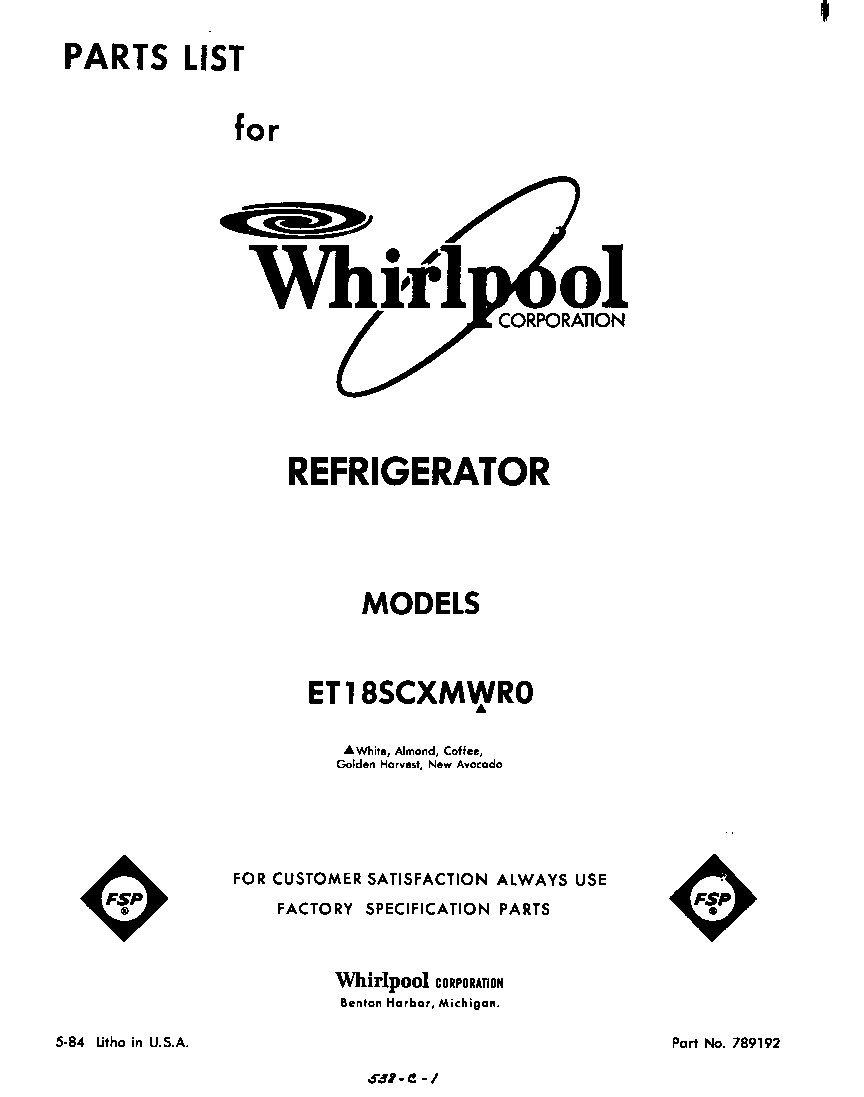 Whirlpool ET18SCXMWR0 front cover diagram