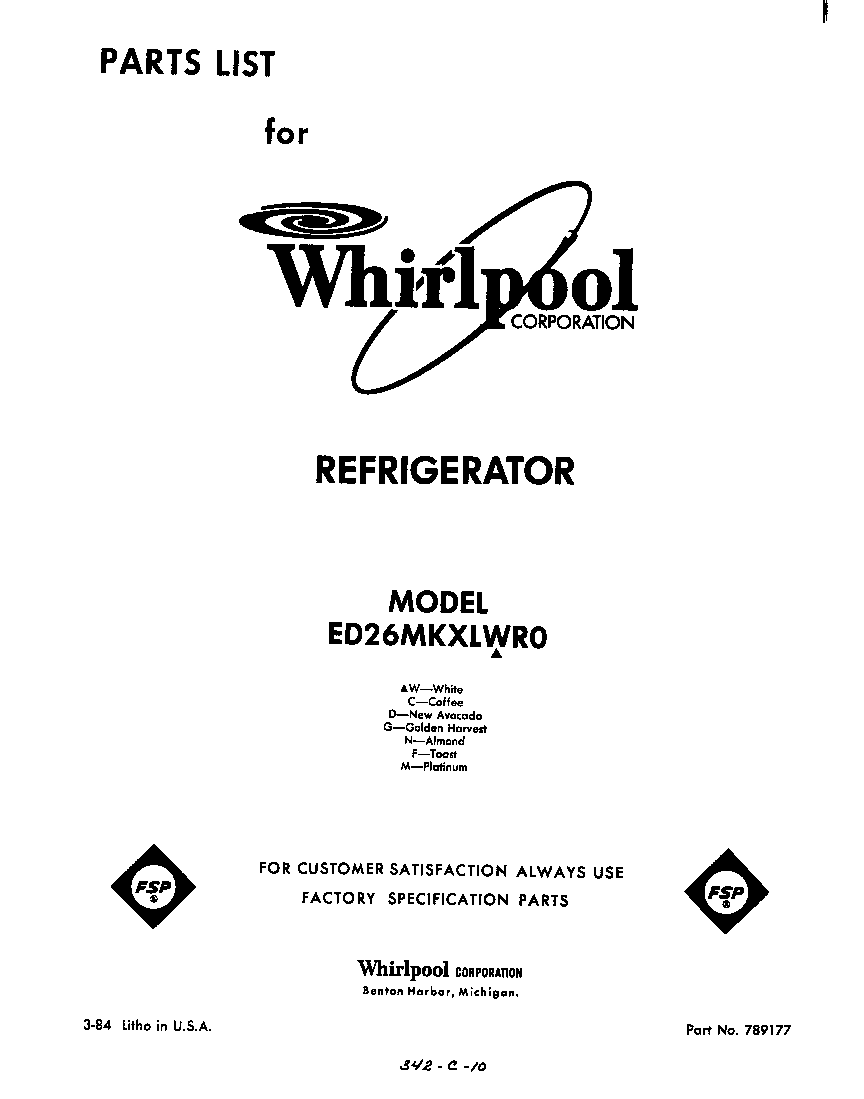 Whirlpool ED26MKXLWR0 front cover diagram