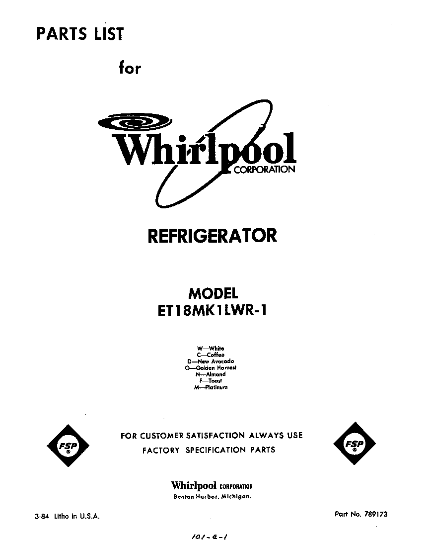 Whirlpool ET18MK1LWR1 front cover diagram