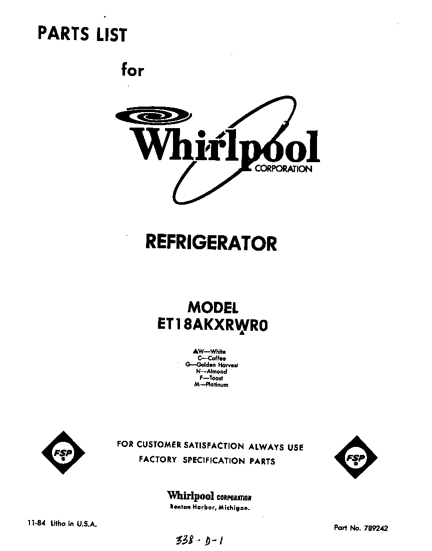 Whirlpool ET18AKXRWR0 front cover diagram