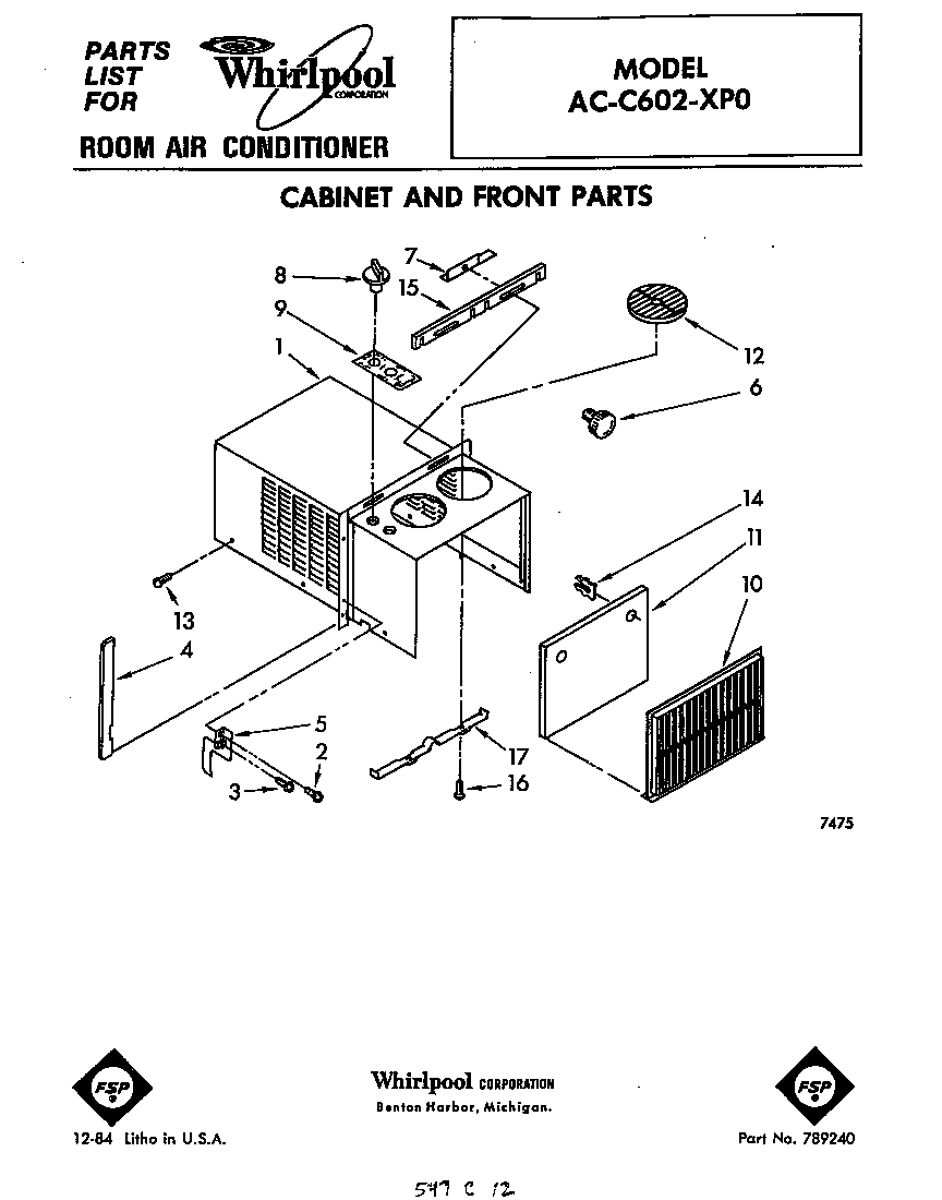 Whirlpool ACC602XP0 cabinet and front parts diagram