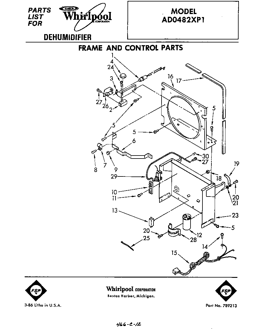 Whirlpool AD0482XP1 frame and control parts diagram