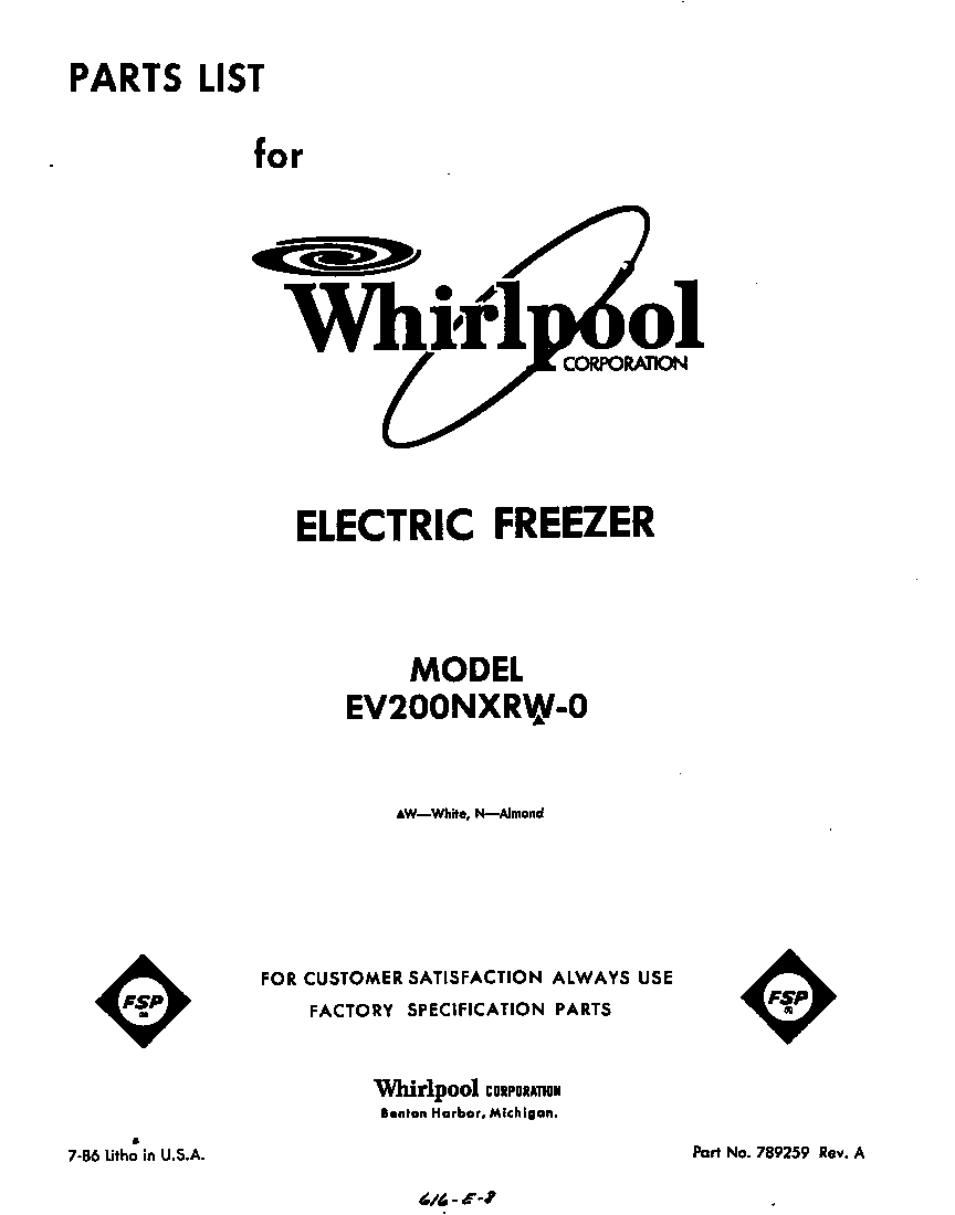 Whirlpool EV200NXRW0 front cover diagram