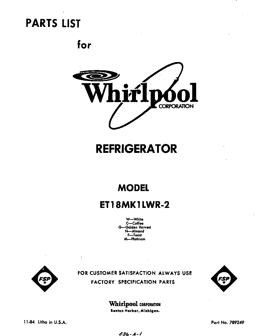 Whirlpool ET18MK1LWR2 front cover diagram
