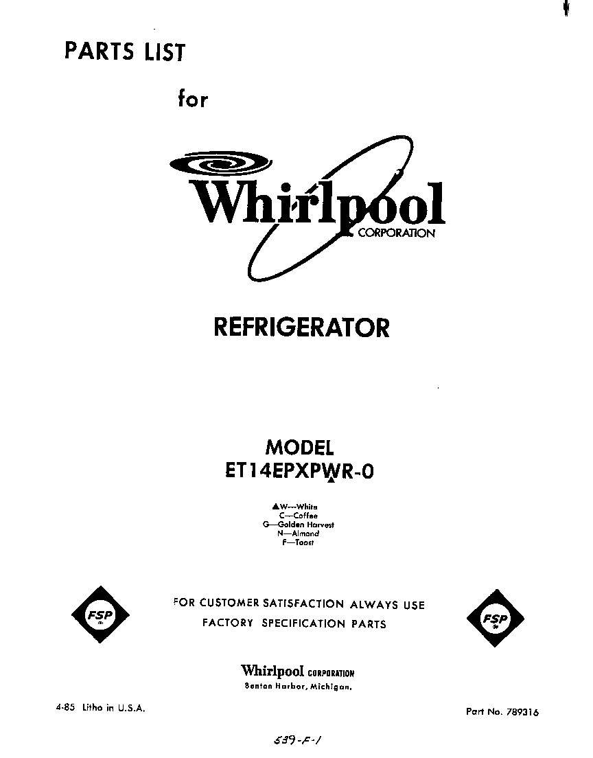 Whirlpool ET14EPXPWR0 front cover diagram