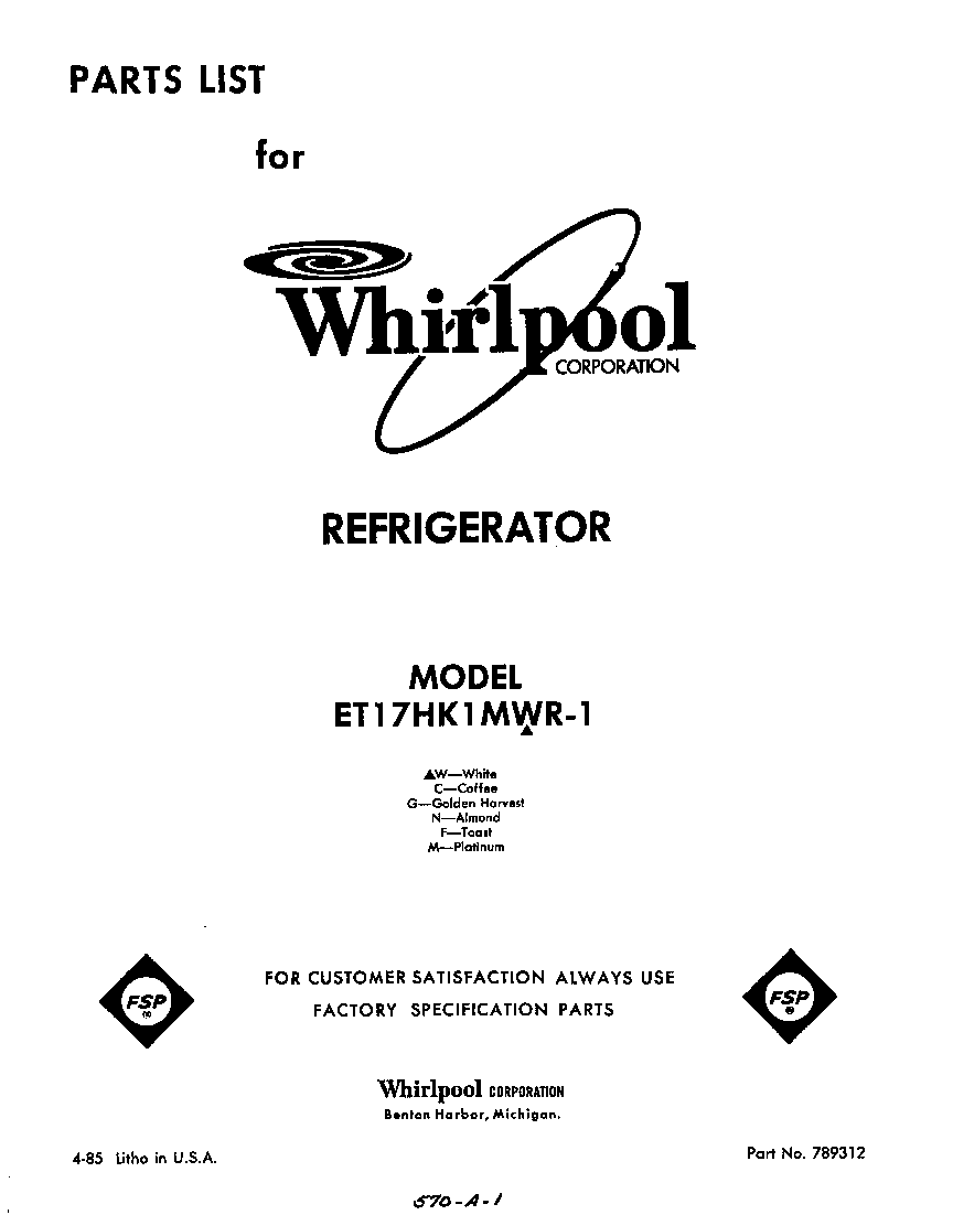 Whirlpool ET17HK1MWR1 front cover diagram
