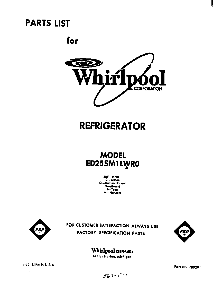 Whirlpool ED25SM1LWR0 front cover diagram