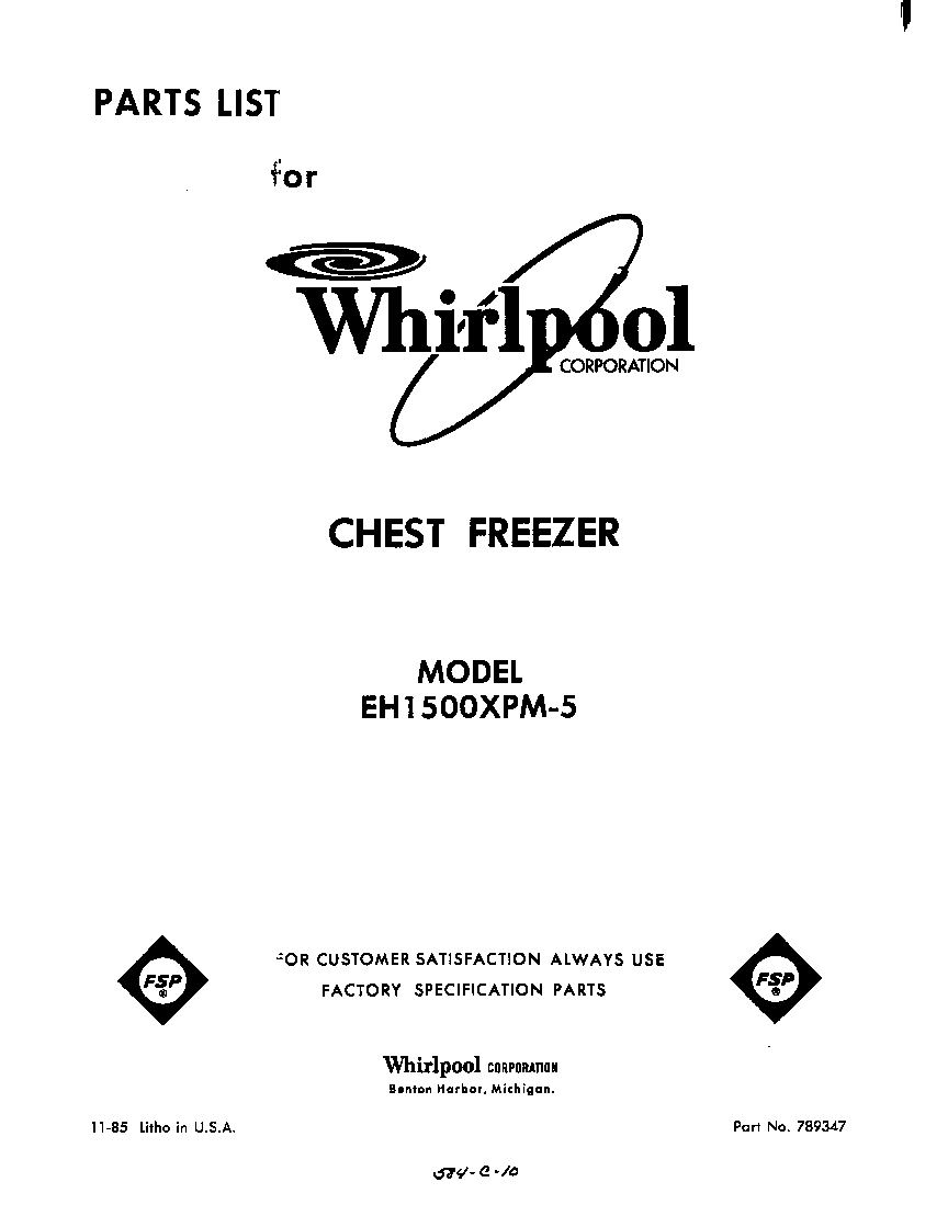 Whirlpool EH1500XPM5 coversheet diagram