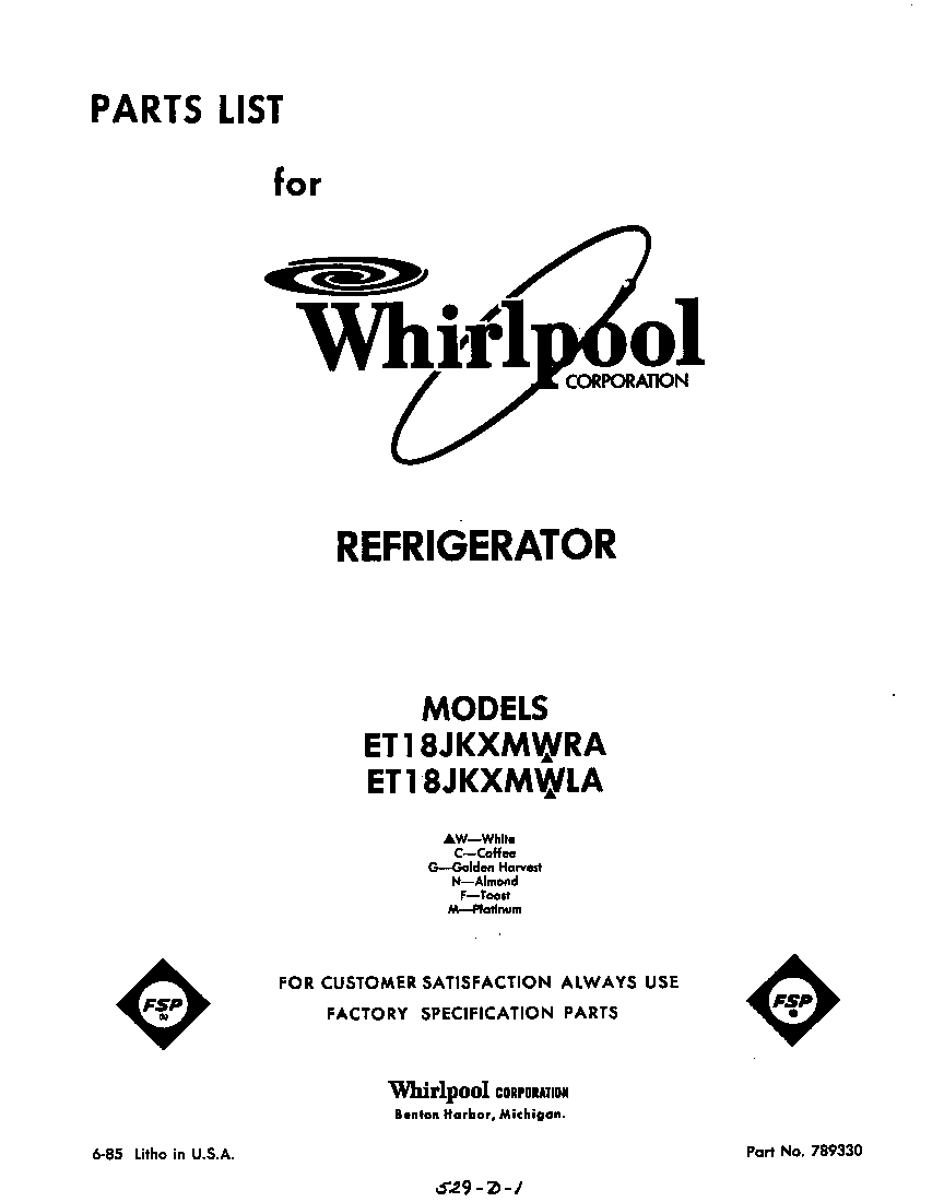 Whirlpool ET18JKXMWRA front cover diagram