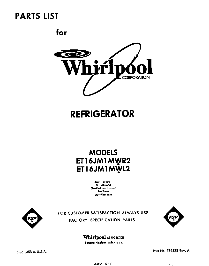 Whirlpool ET16JM1MWR2 front cover diagram