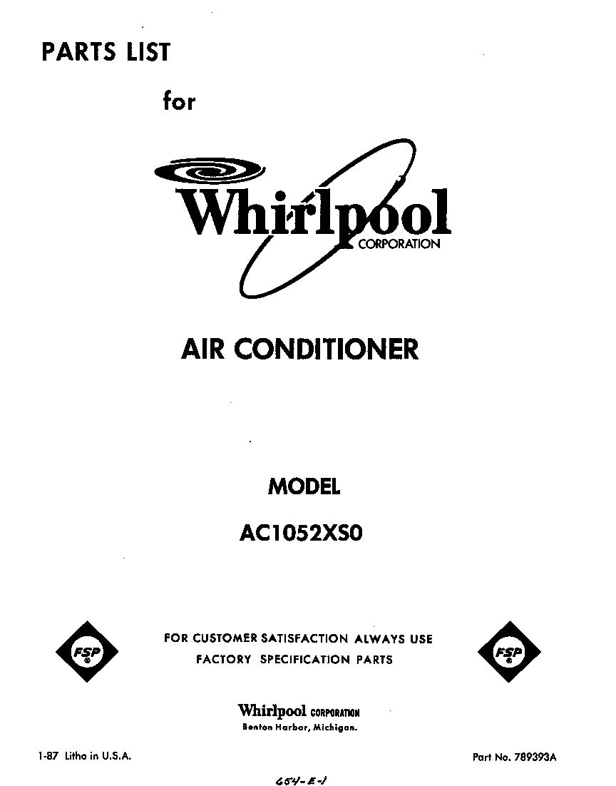 Whirlpool AC1052XS0 front cover diagram