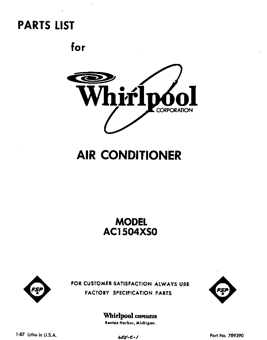 Whirlpool AC1504XS0 front cover diagram