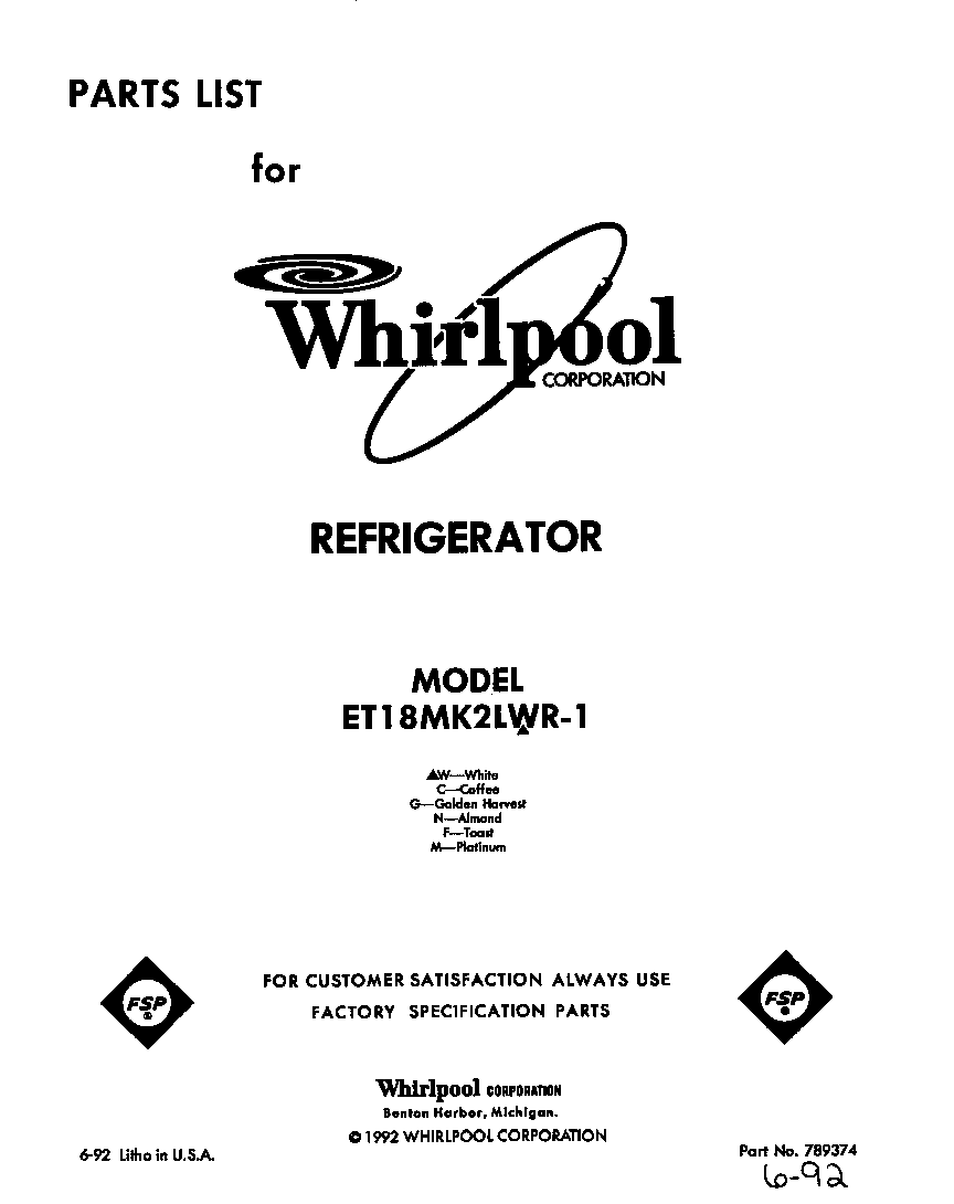 Whirlpool ET18MK2LWR1 front cover diagram