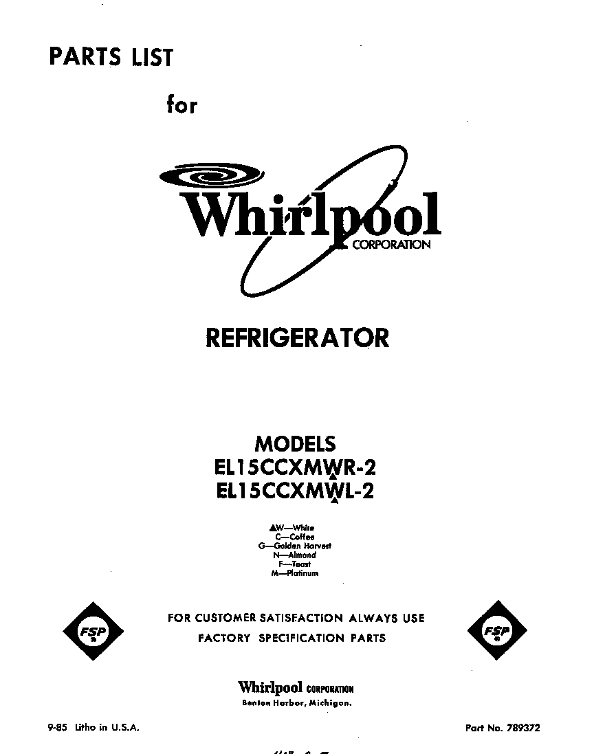 Whirlpool EL15CCXMWR2 front cover diagram