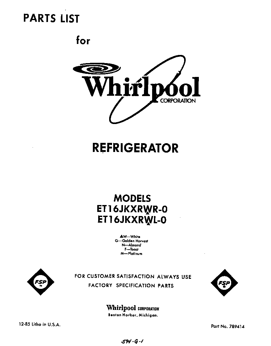 Whirlpool ET16JKXRWR0 front cover diagram
