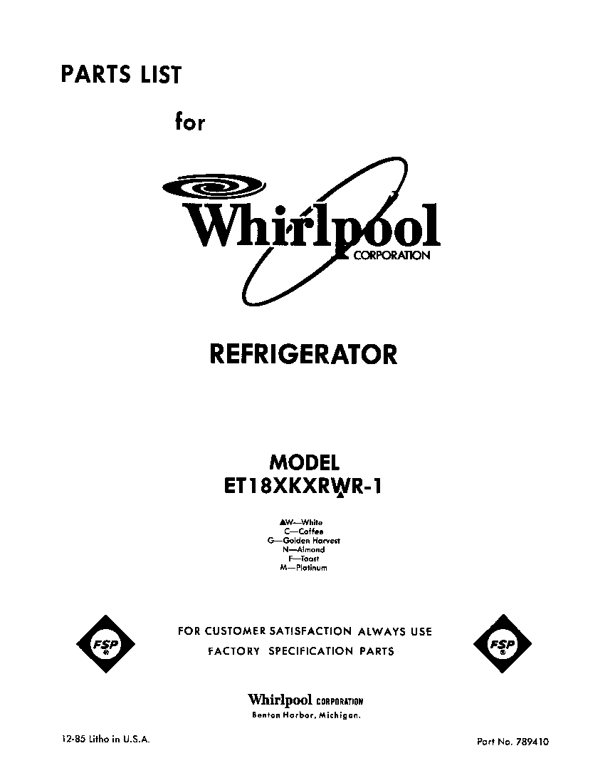 Whirlpool ET18XKXRWR1 front cover diagram