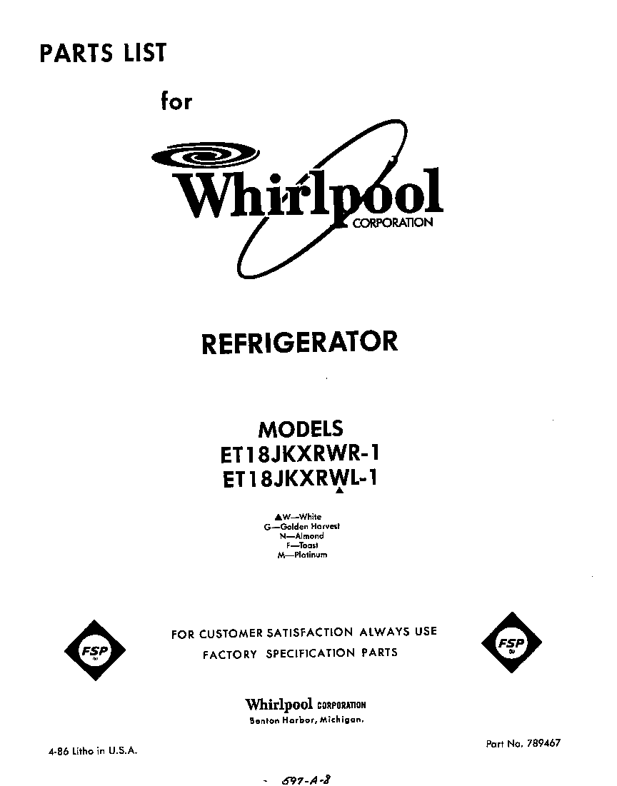 Whirlpool ET18JKXRWR1 front cover diagram