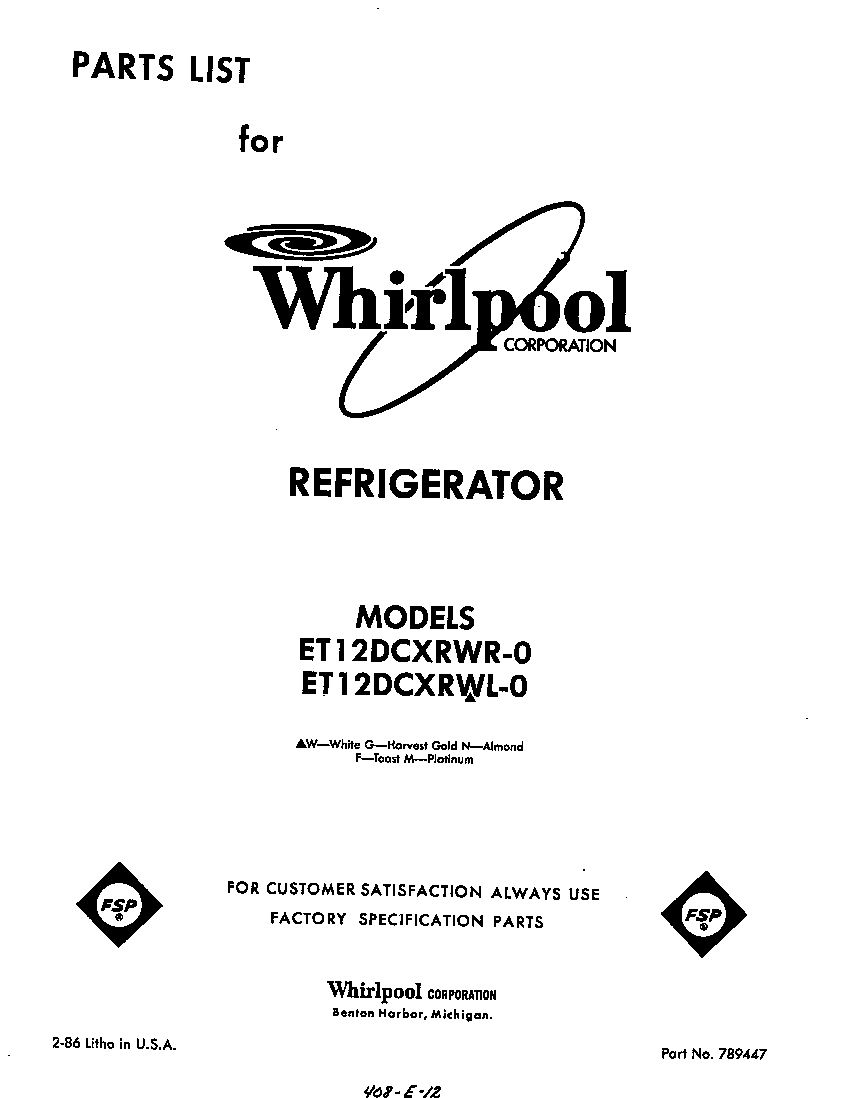 Whirlpool ET12DCXRWR0 front cover diagram