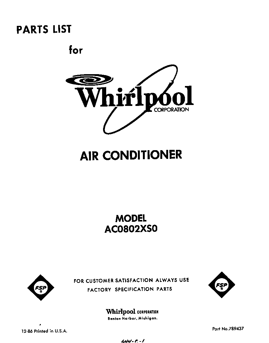 Whirlpool AC0802XS0 front cover diagram