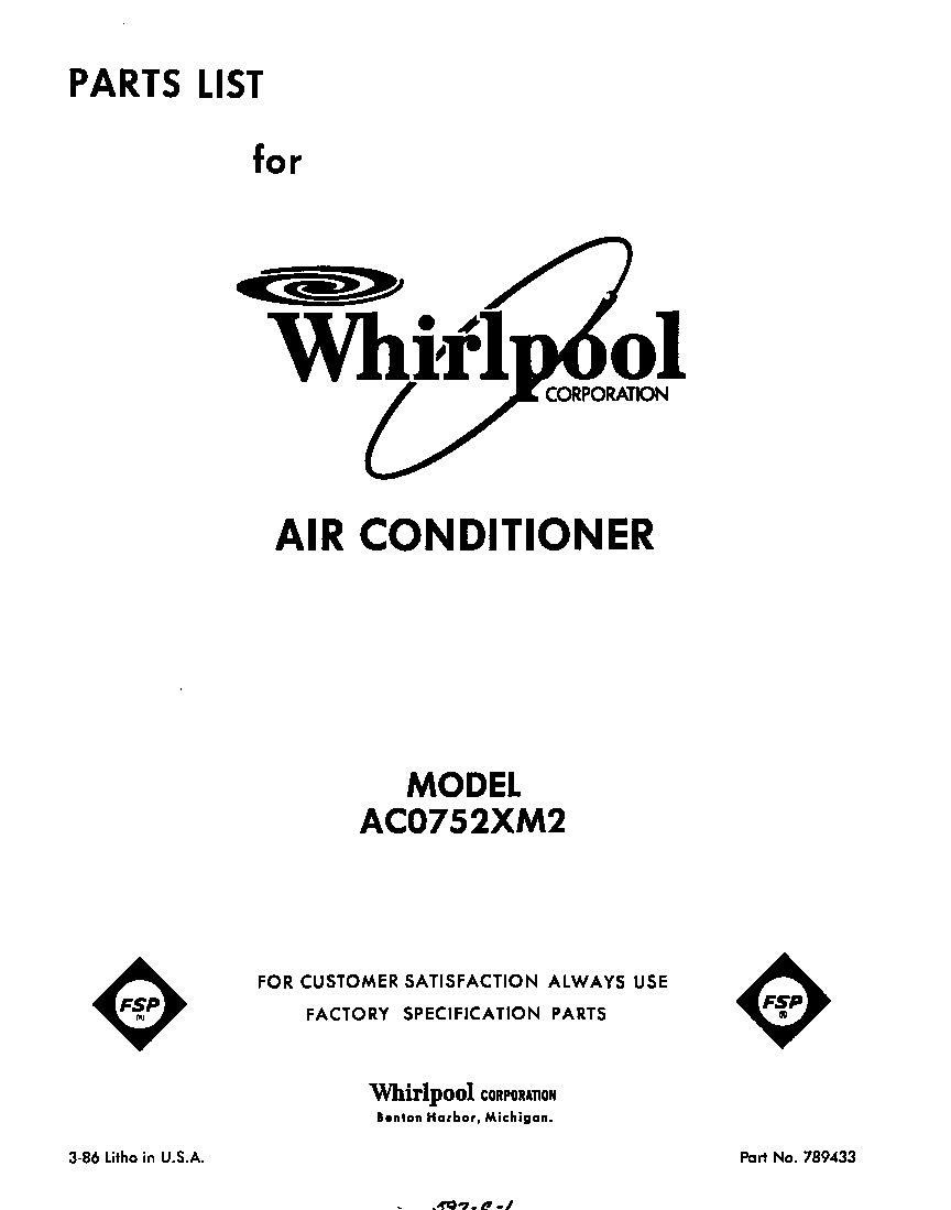 Whirlpool AC0752XM2 front cover diagram
