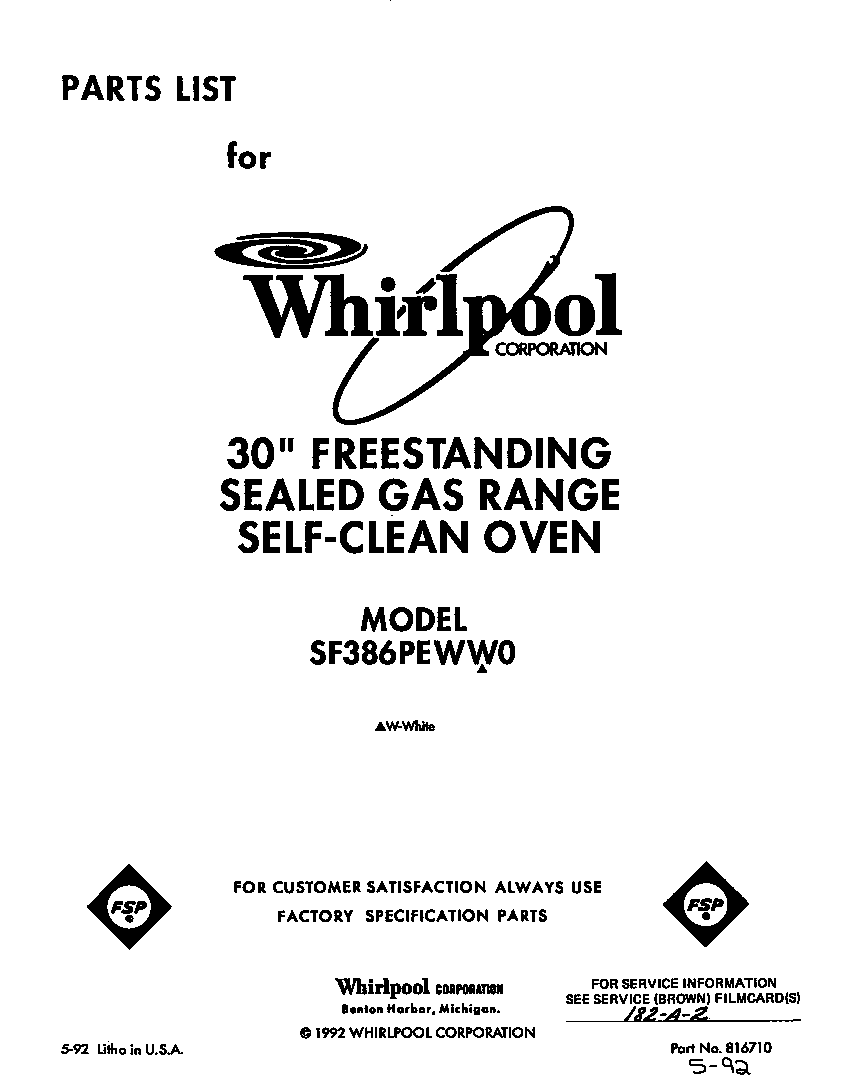 Whirlpool SF386PEWW0 front cover diagram