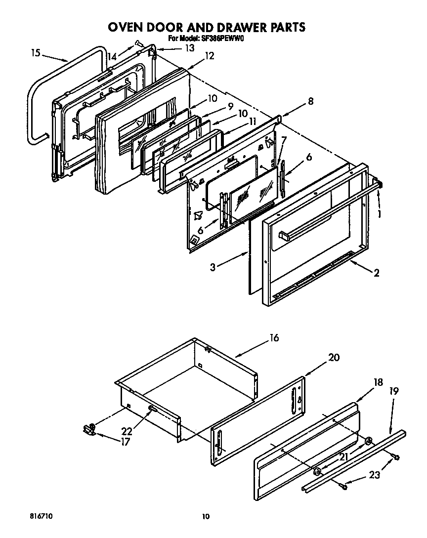 Whirlpool SF386PEWW0 oven door and drawer diagram