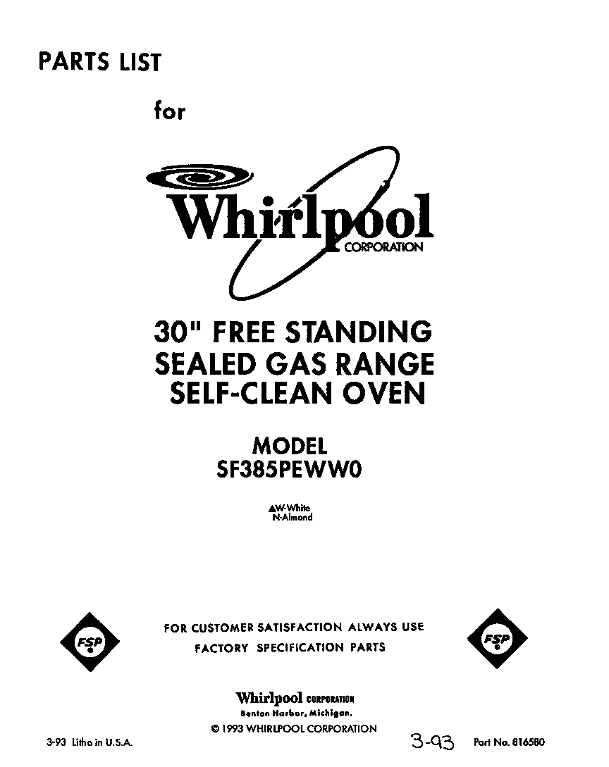 Whirlpool SF385PEWW0 front cover diagram