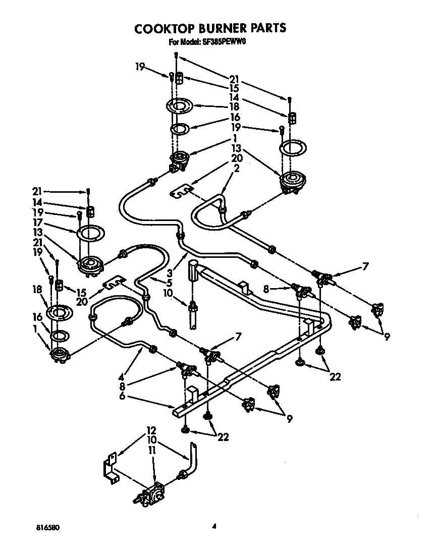 Whirlpool SF385PEWW0 cooktop burner diagram
