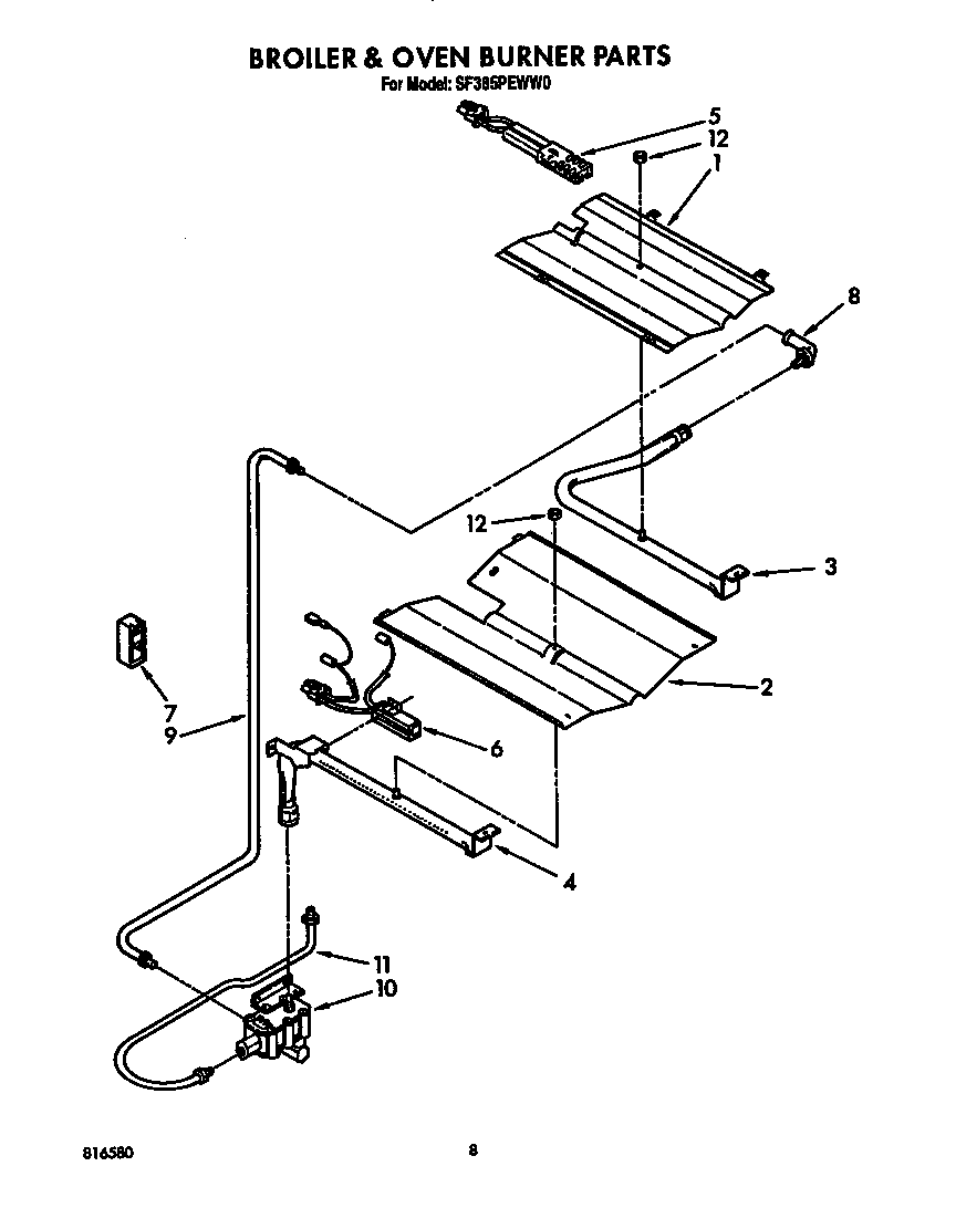 Whirlpool SF385PEWW0 broiler and oven burner diagram