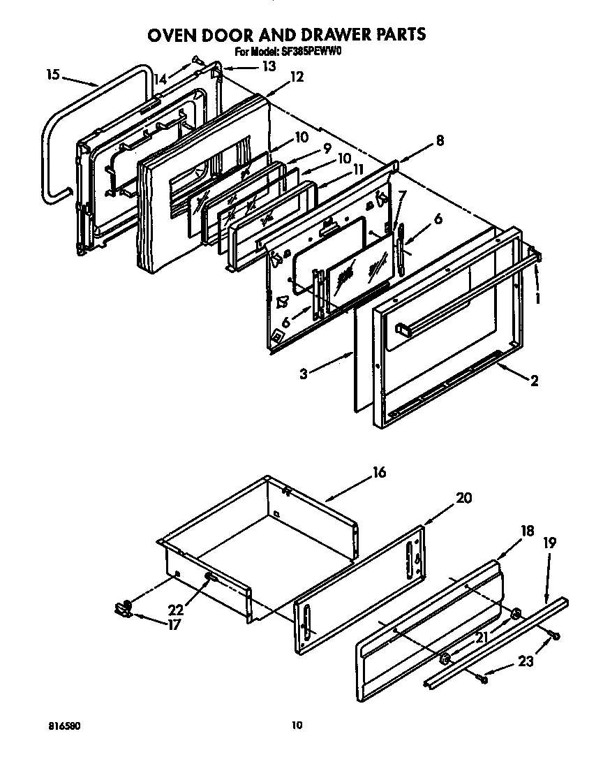 Whirlpool SF385PEWW0 oven door and drawer diagram