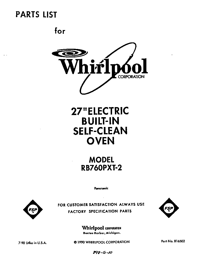Whirlpool RB760PXT2 cover page diagram