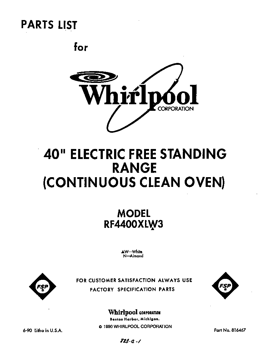 Whirlpool RF4400XLW3 front cover diagram