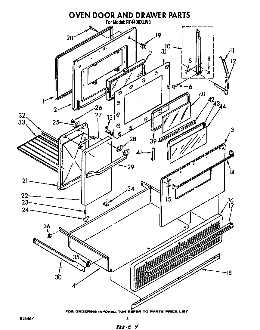 Whirlpool RF4400XLW3 oven door and drawer diagram
