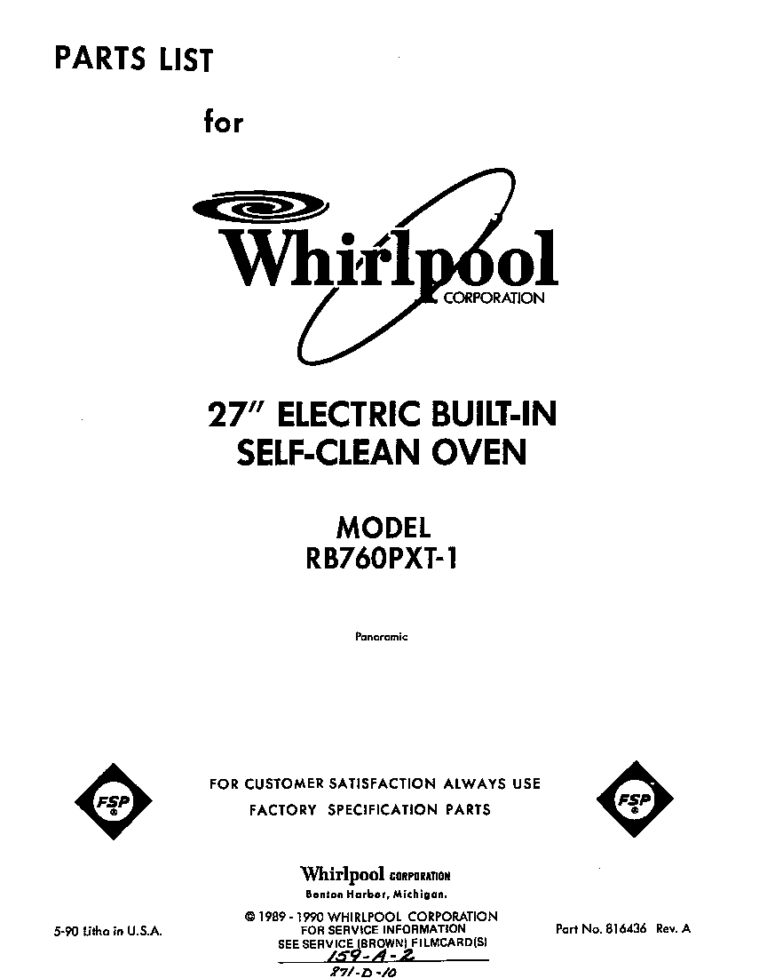 Whirlpool RB760PXT1 cover page diagram