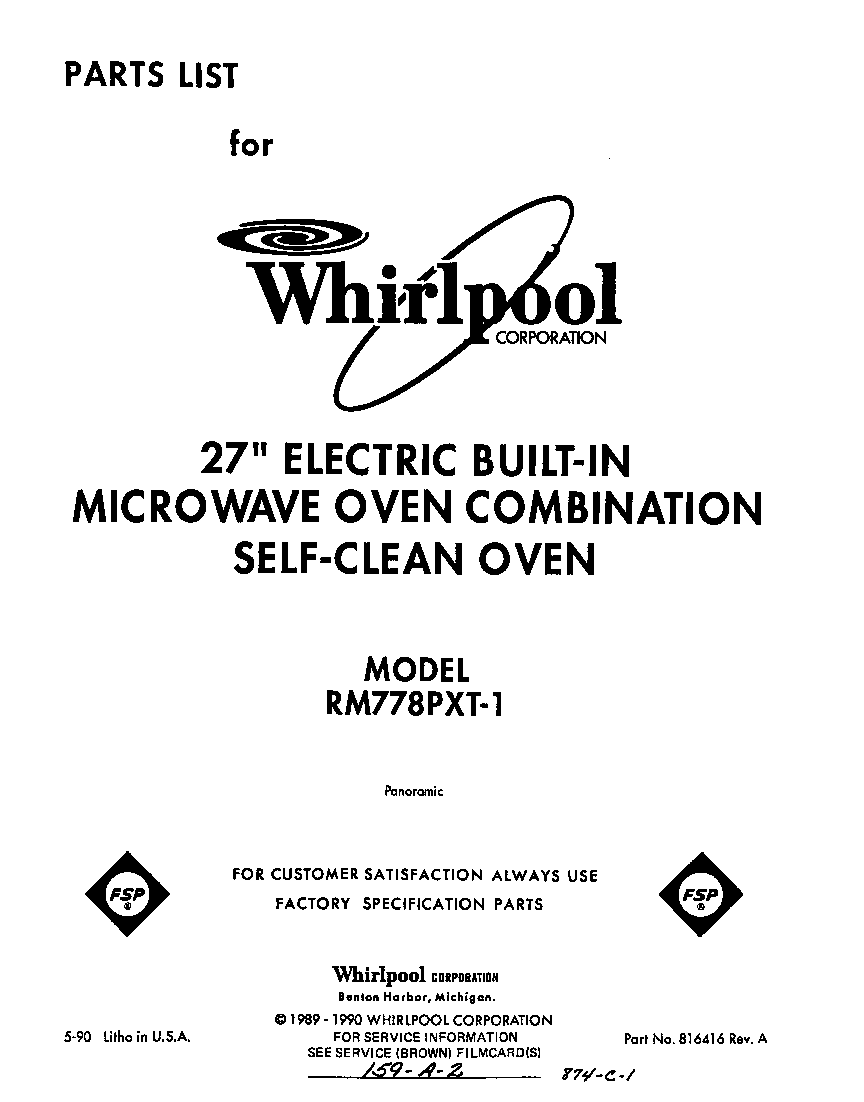 Whirlpool RM778PXT1 front cover diagram
