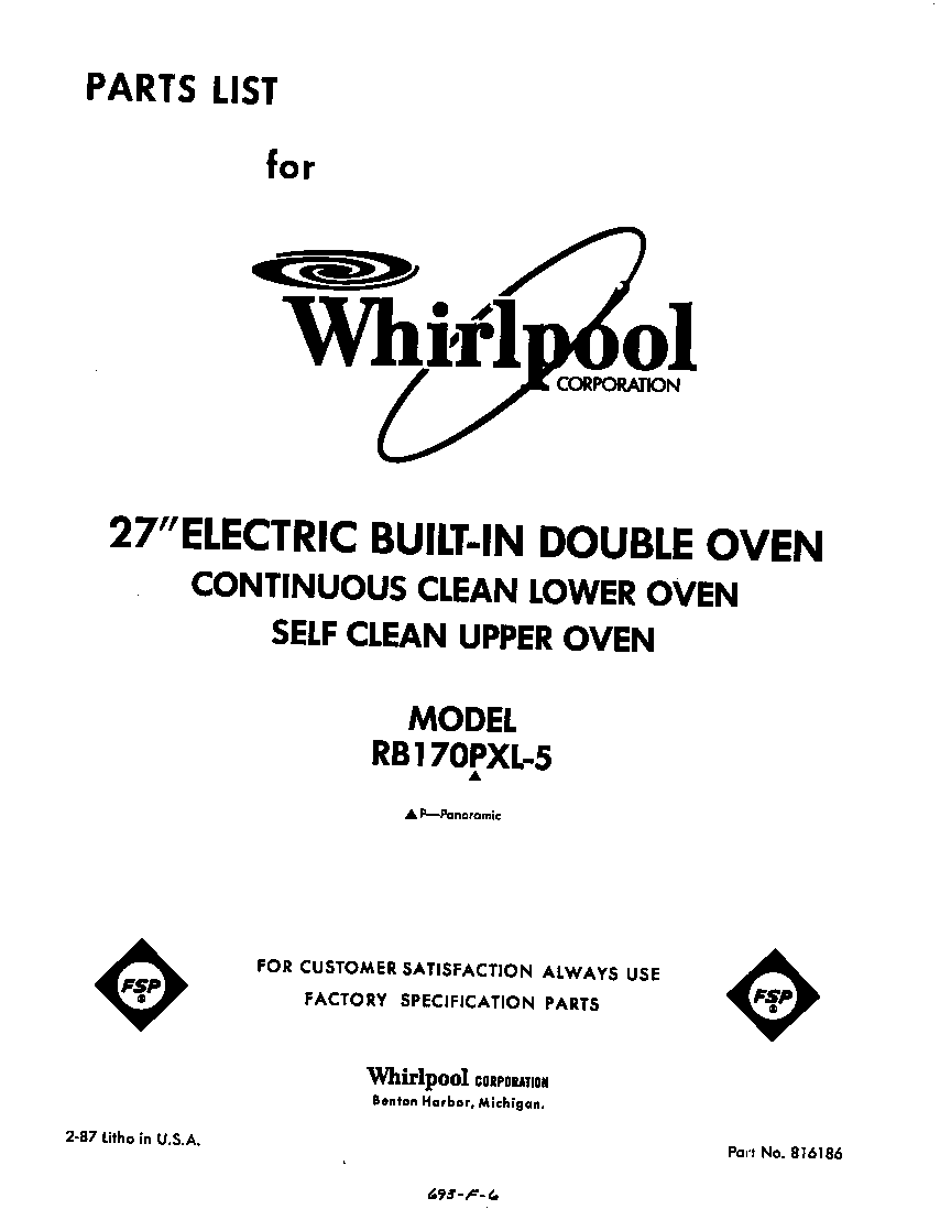 Whirlpool RB170PXL5 front cover diagram