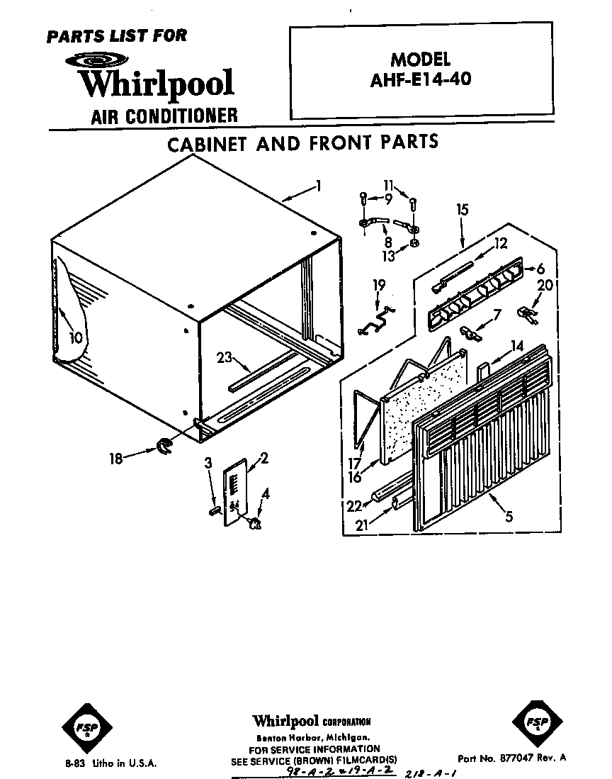 Whirlpool AHFE1440 cabinet and front parts diagram