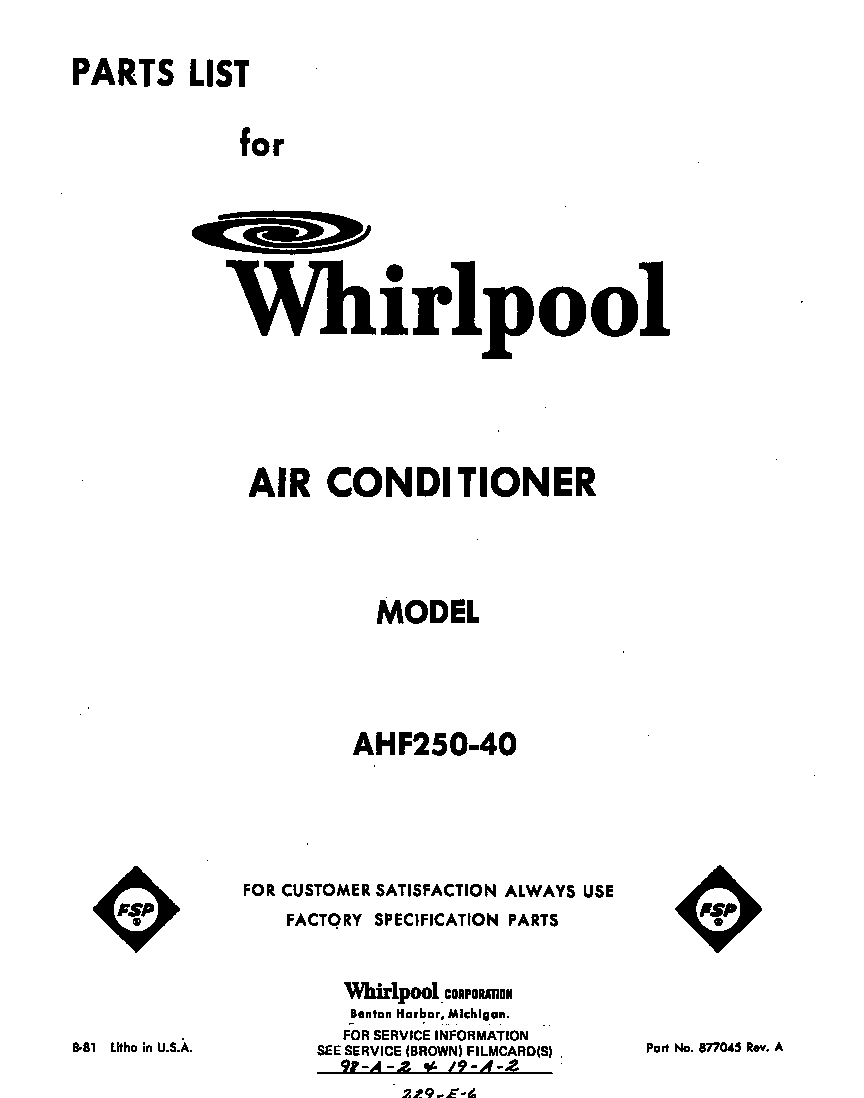 Whirlpool AHF25040 front cover diagram