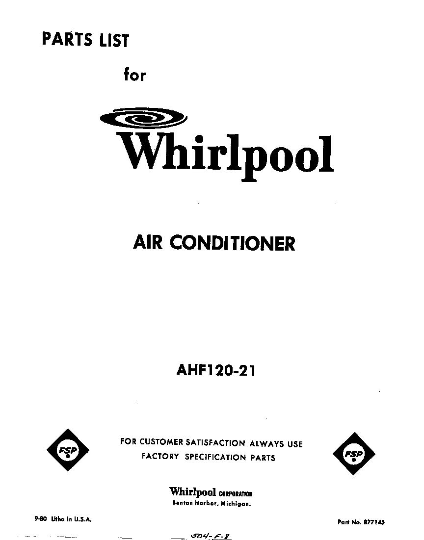 Whirlpool AHF12021 front cover diagram