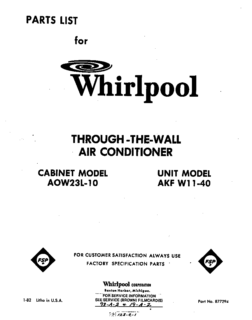Whirlpool AKFW1140 front cover diagram